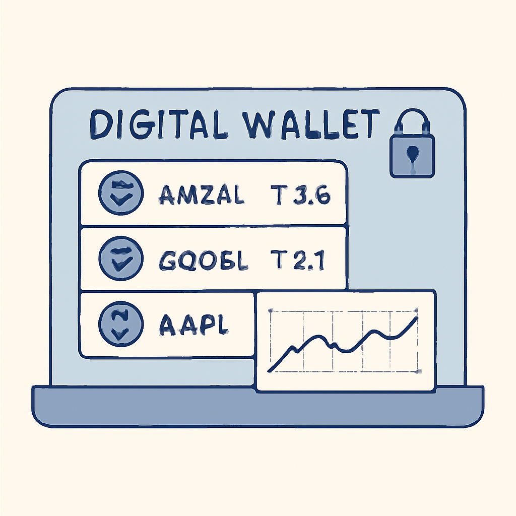 A digital wallet or account dashboard showing tokenized stocks, with a lock symbol indicating security and a chart for monitoring prices.