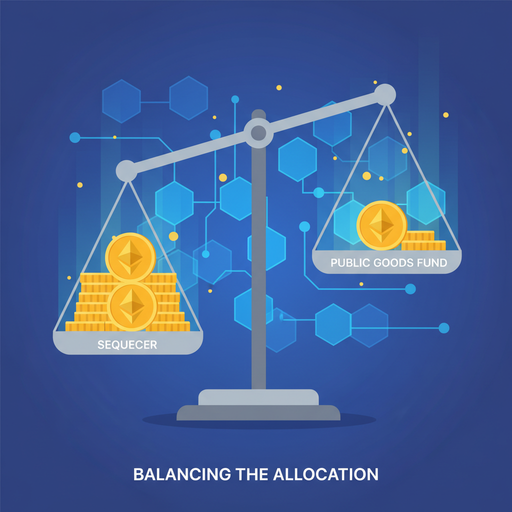 balance scale with ETH coins split between sequencer and public goods fund, glowing blockchain background