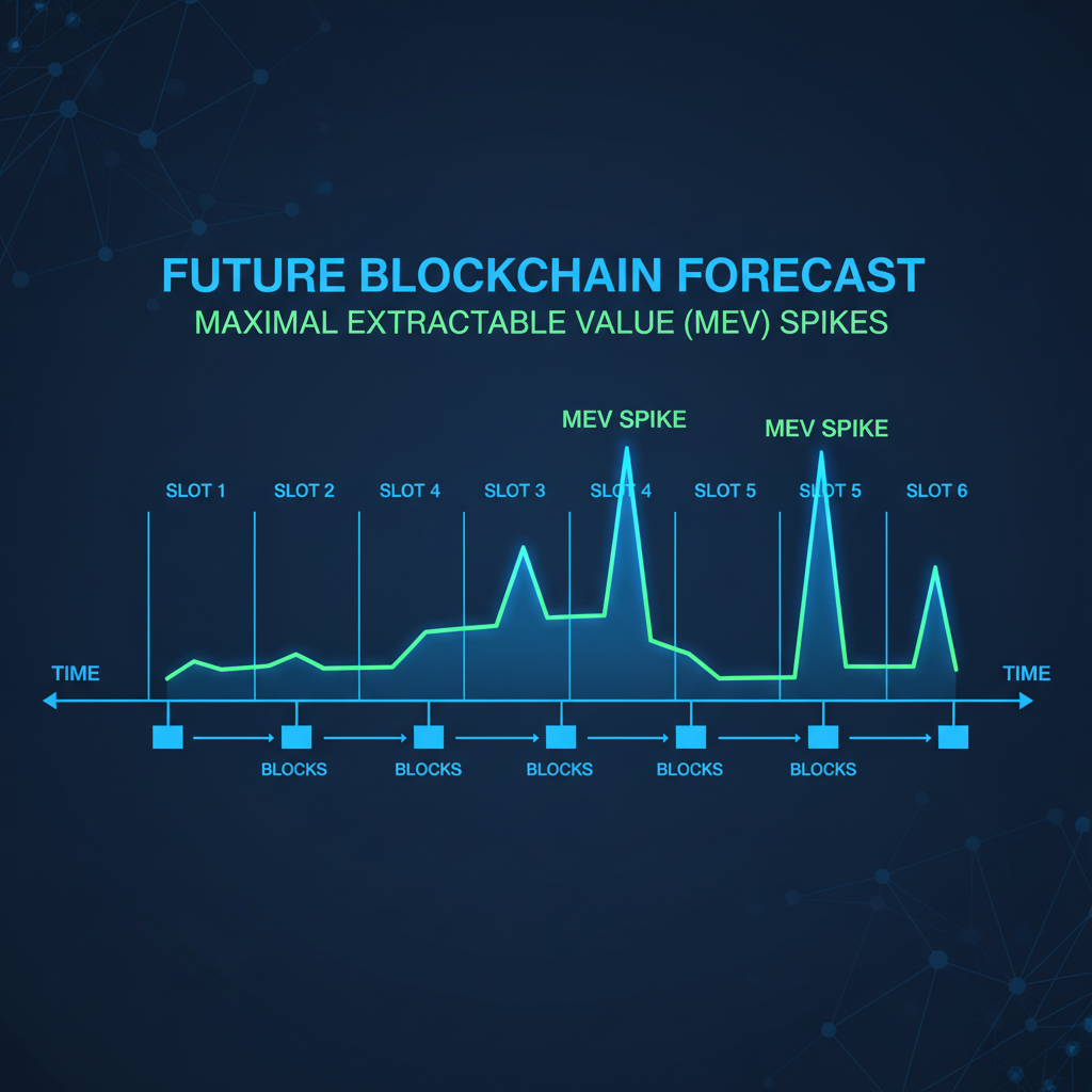 futuristic blockchain timeline graph forecasting MEV spikes in time slots, neon blue and green