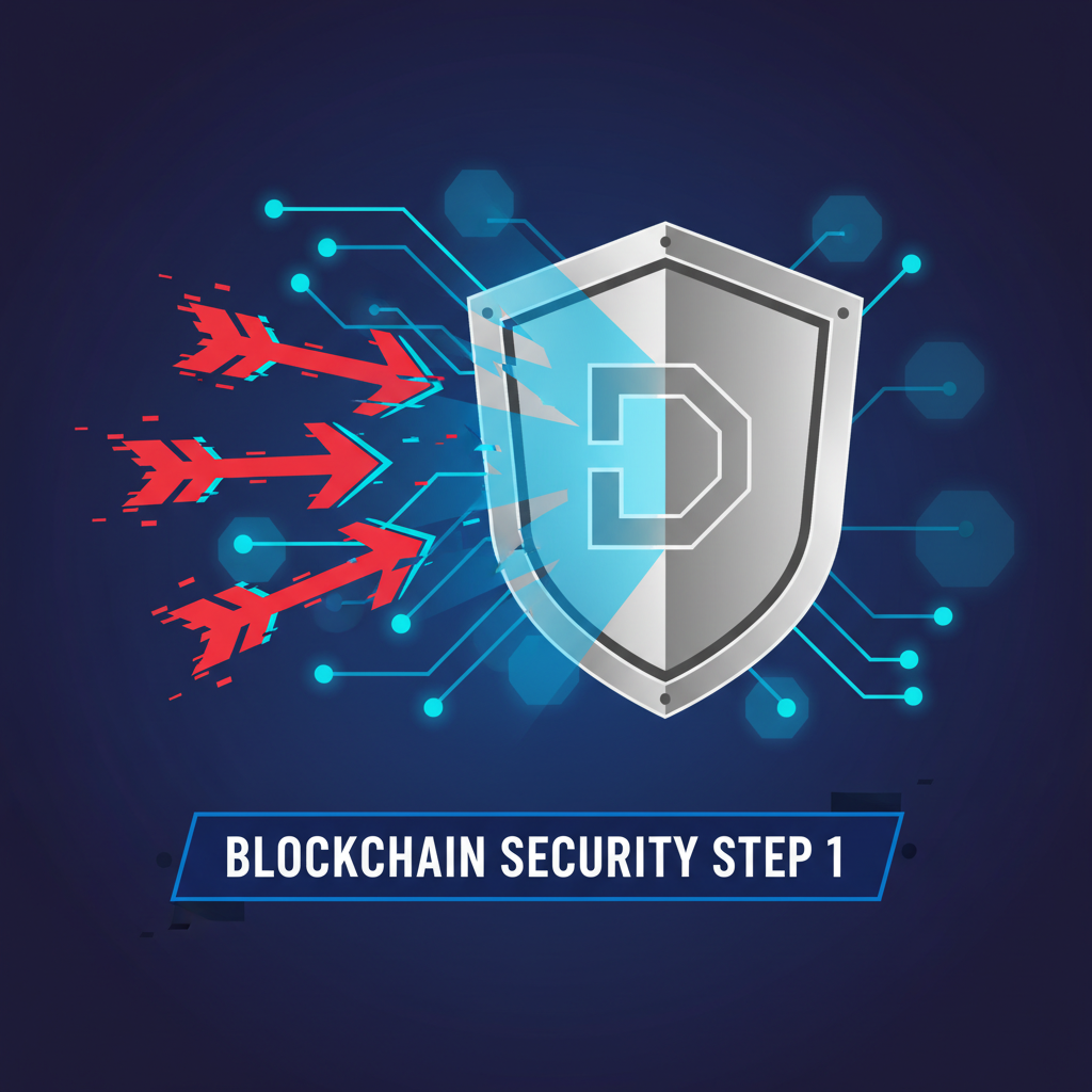 shield icon blocking risk arrows on decentralized blockchain network, metallic and digital art