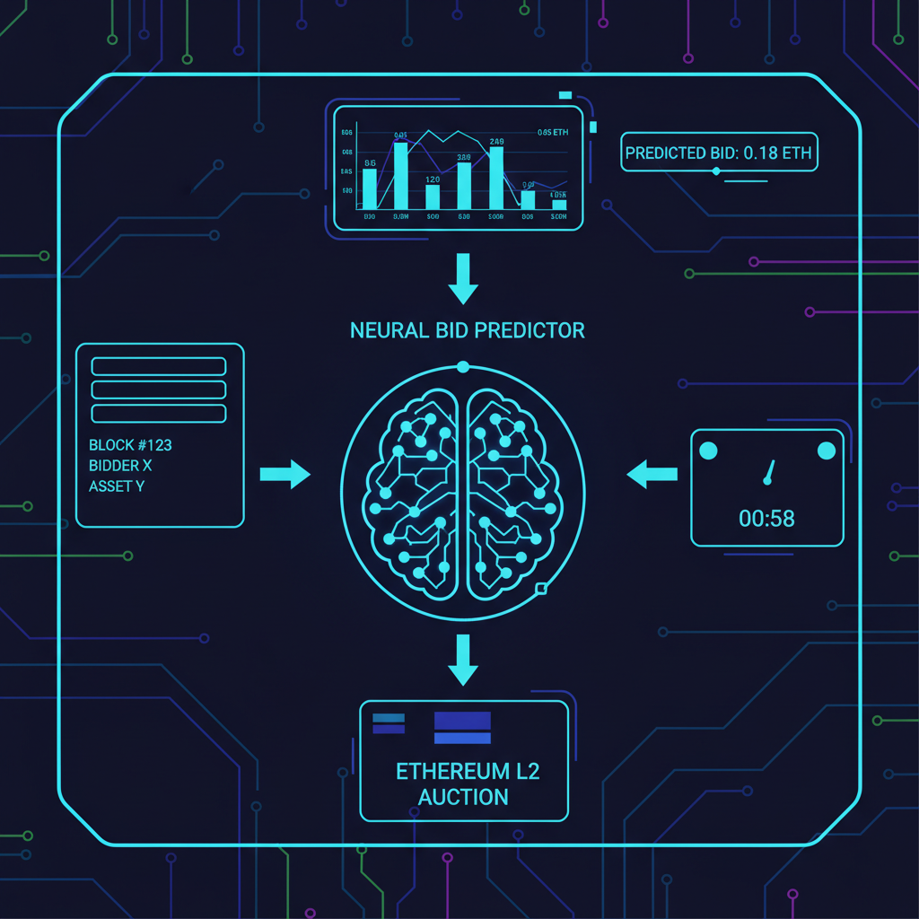 neural network model predicting auction bids on Ethereum L2 dashboard, cyberpunk style