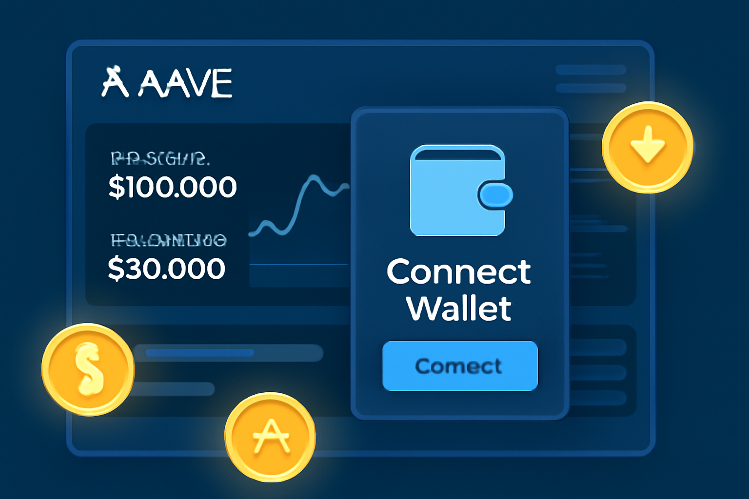 Aave DeFi dashboard connection, wallet popup, gold token icons, futuristic interface
