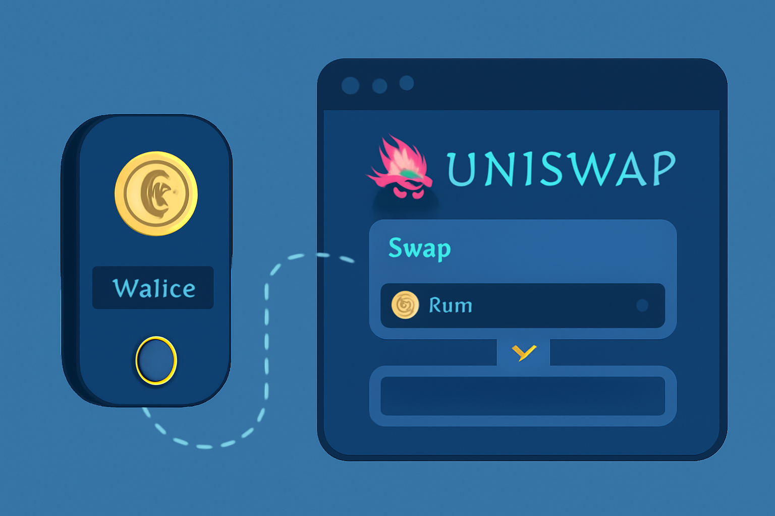 sleek crypto wallet connecting to Uniswap DEX interface, modern blue tones, gold accents