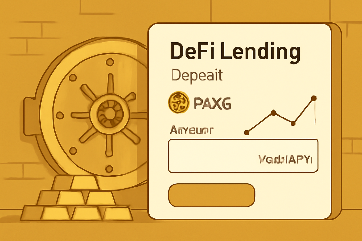 DeFi lending deposit screen with PAXG, yield APY graph rising, gold vault aesthetic