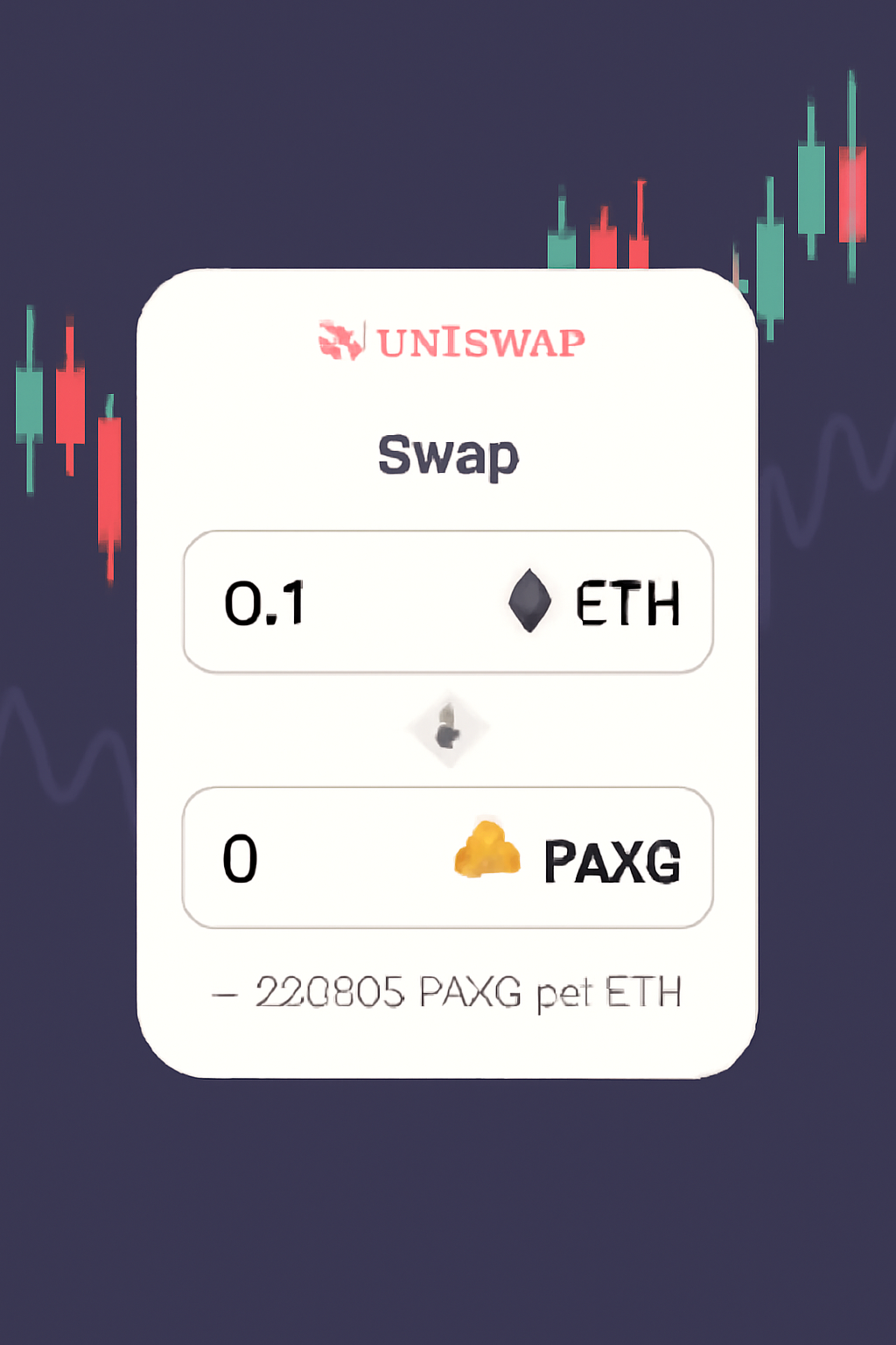 Uniswap swap screen ETH to PAXG token, gold bar icons, dynamic trading chart background