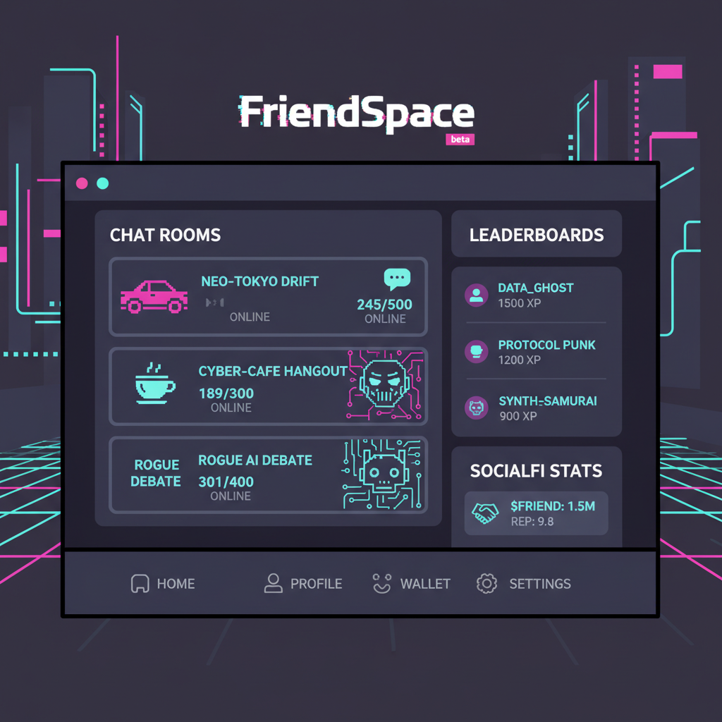 FriendSpace homepage with chat rooms and leaderboards, SocialFi cyberpunk style