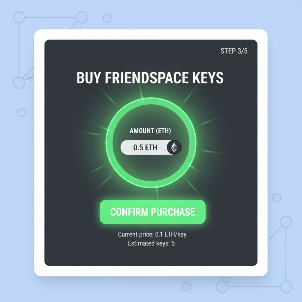 FriendSpace buy keys interface with ETH input and confirm button, exciting green glow