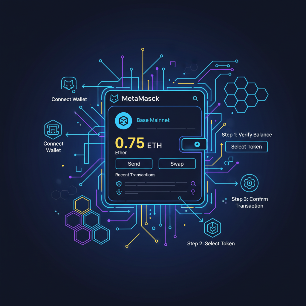 MetaMask wallet on Base network with ETH balance, vibrant neon crypto dashboard