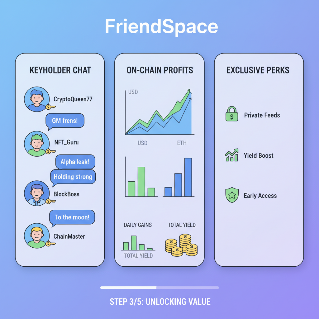 Inside FriendSpace chatroom with keyholder users chatting, on-chain profit graphs