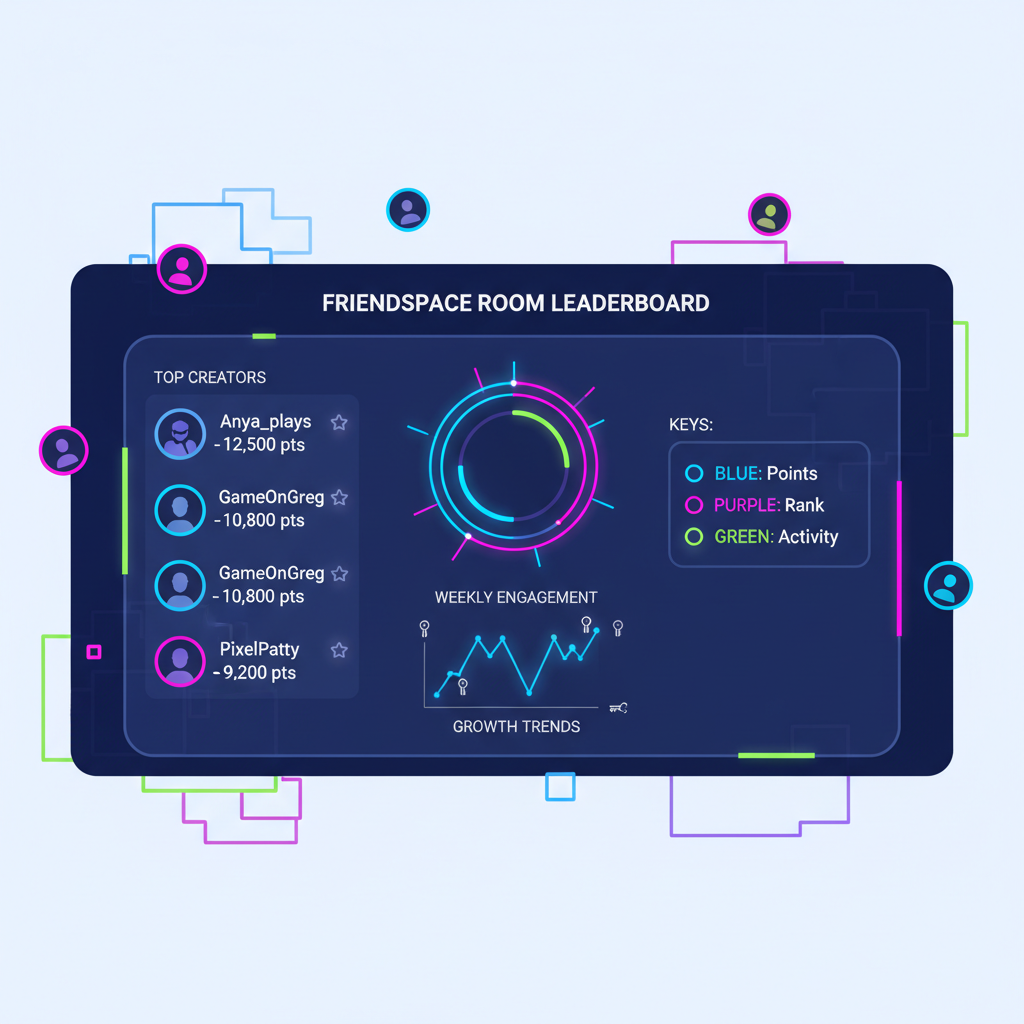 FriendSpace room leaderboard with top creators, charts and keys, dynamic neon UI
