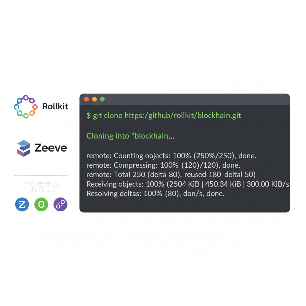 terminal cloning git repo, Rollkit Zeeve logos, blockchain rollup icons