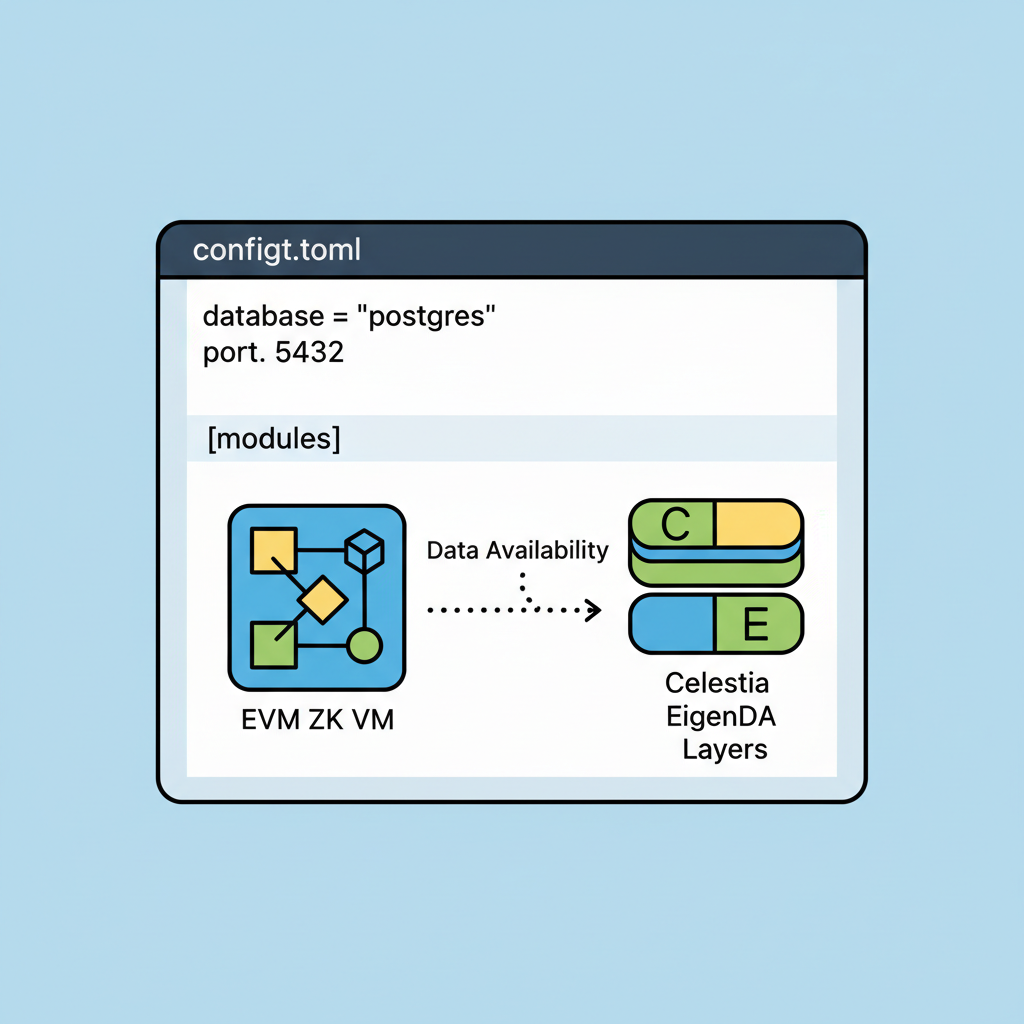 code editor config.toml open, EVM ZK VM icons, Celestia EigenDA layers