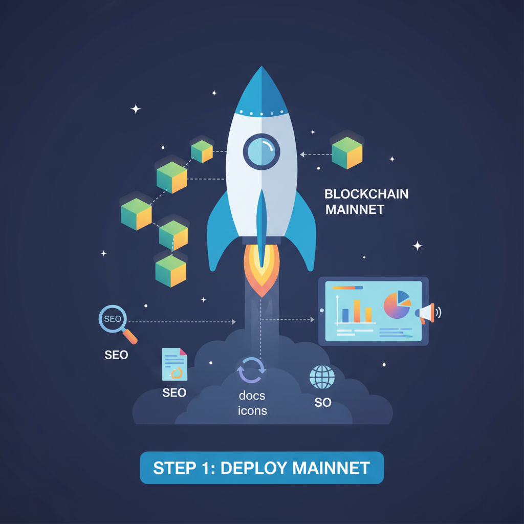 rocket deploying blockchain mainnet, docs SEO icons, marketing dashboard