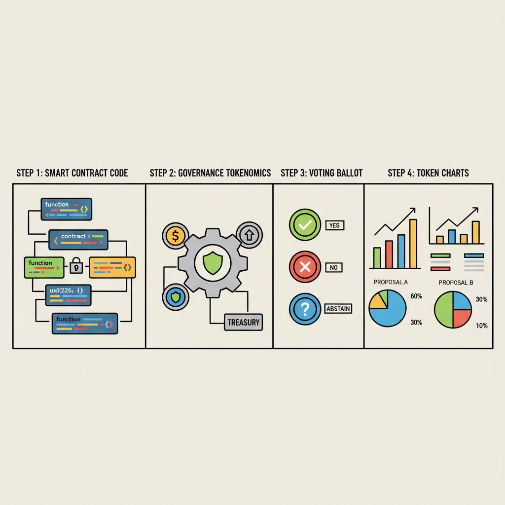smart contract code governance tokenomics, voting ballot icons, token charts