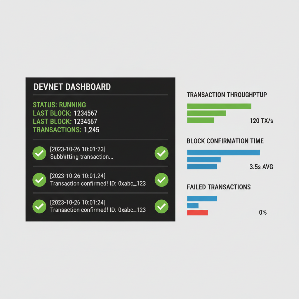 devnet dashboard terminal output, transaction graphs, green success checks