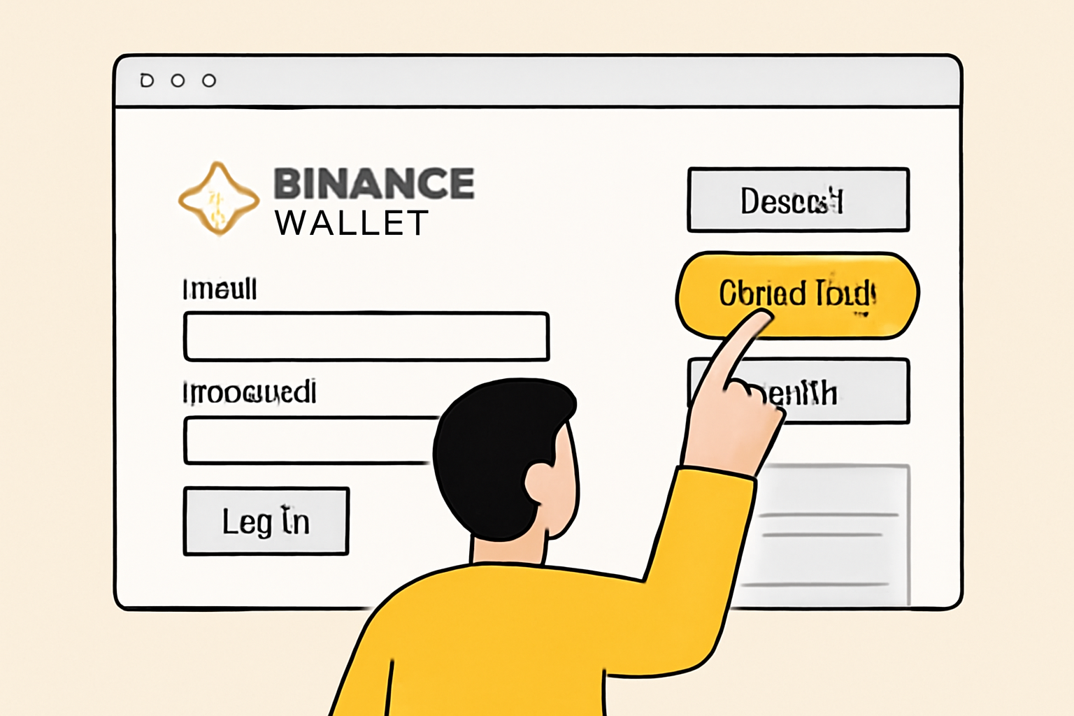 A user logging into Binance Wallet on a desktop browser, highlighting the 'Quick Buy' button on the dashboard.