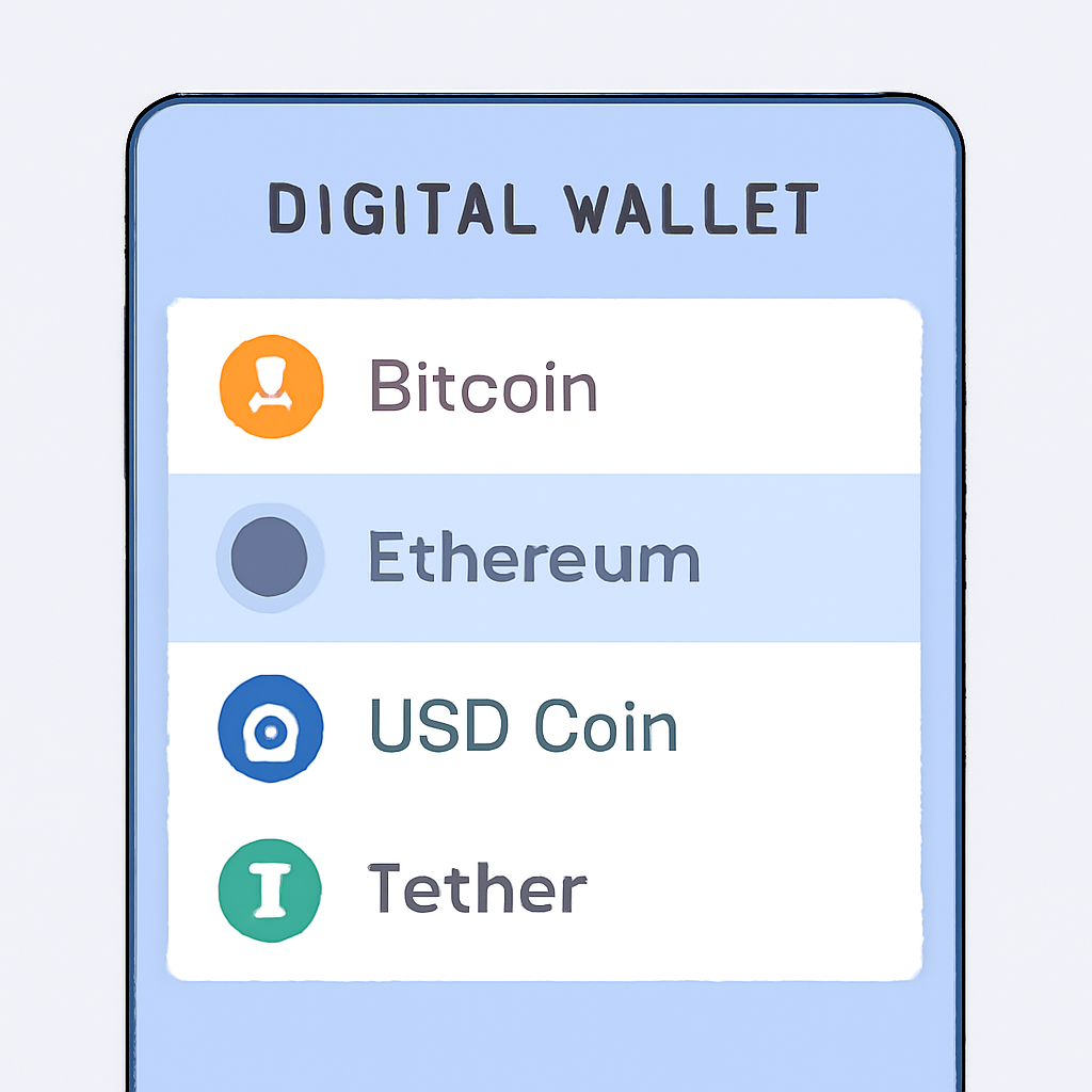 A digital wallet interface showing a list of cryptocurrencies to choose from, with one highlighted.