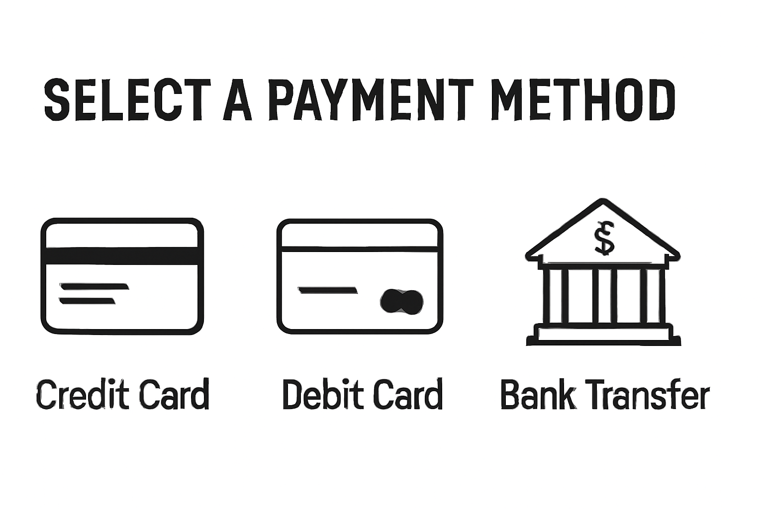 A selection screen with icons for credit card, debit card, and bank transfer payment methods.