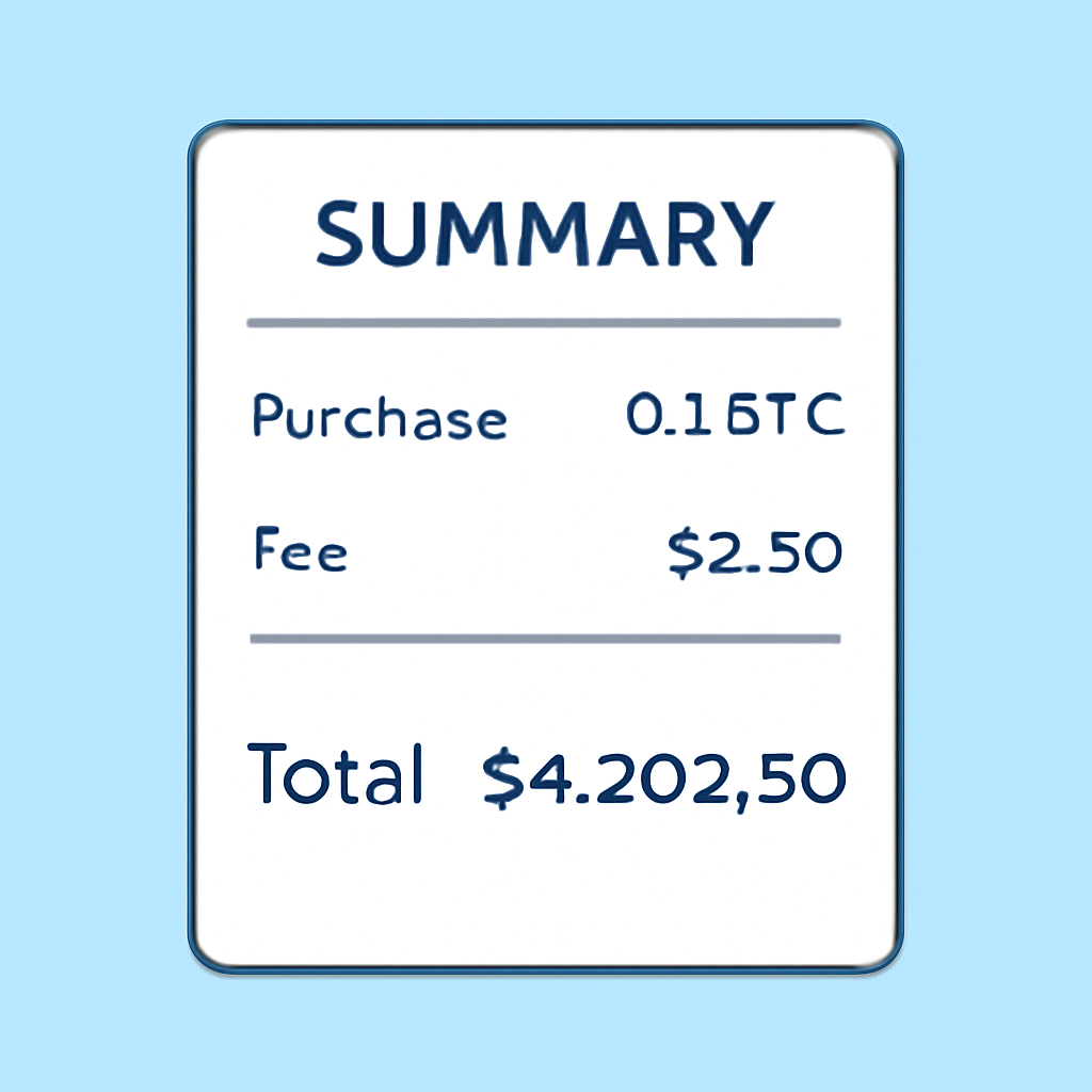 A summary screen displaying purchase amount, fees, and total cost for a crypto transaction.