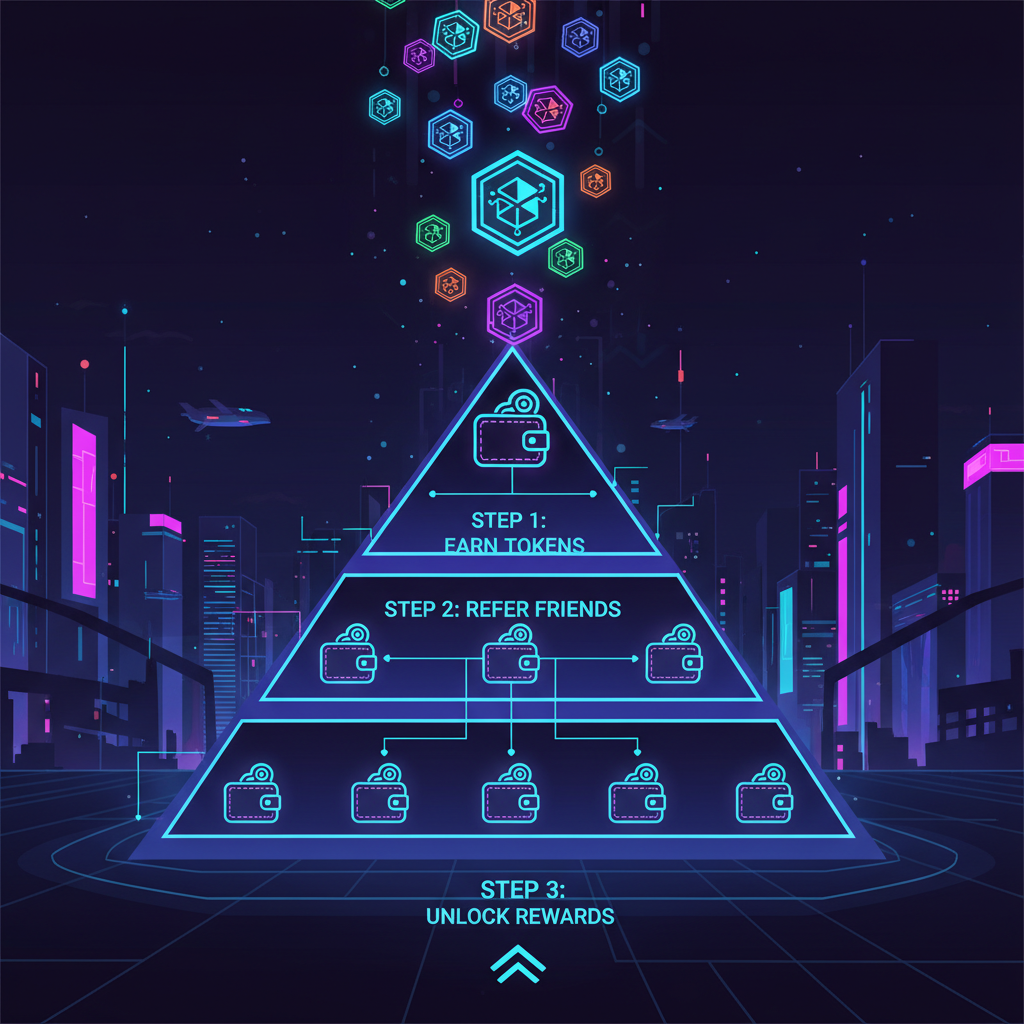 glowing blockchain tokens cascading into multi-level referral pyramid, futuristic neon cyberpunk style