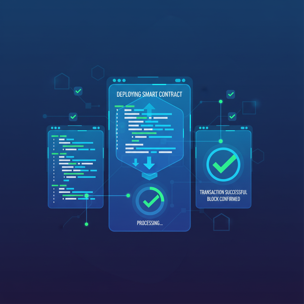 smart contract code deploying on blockchain network, holographic screens and green success checks, sci-fi vibe