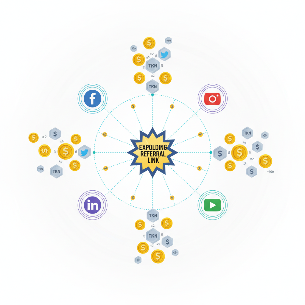 exploding referral links spreading across social networks, tokens multiplying, dynamic viral growth visualization