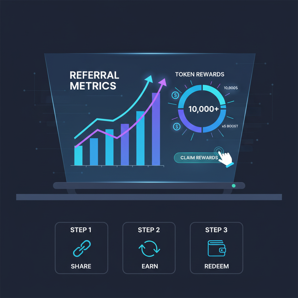 analytics dashboard showing skyrocketing referral metrics and token rewards, holographic charts in dark mode