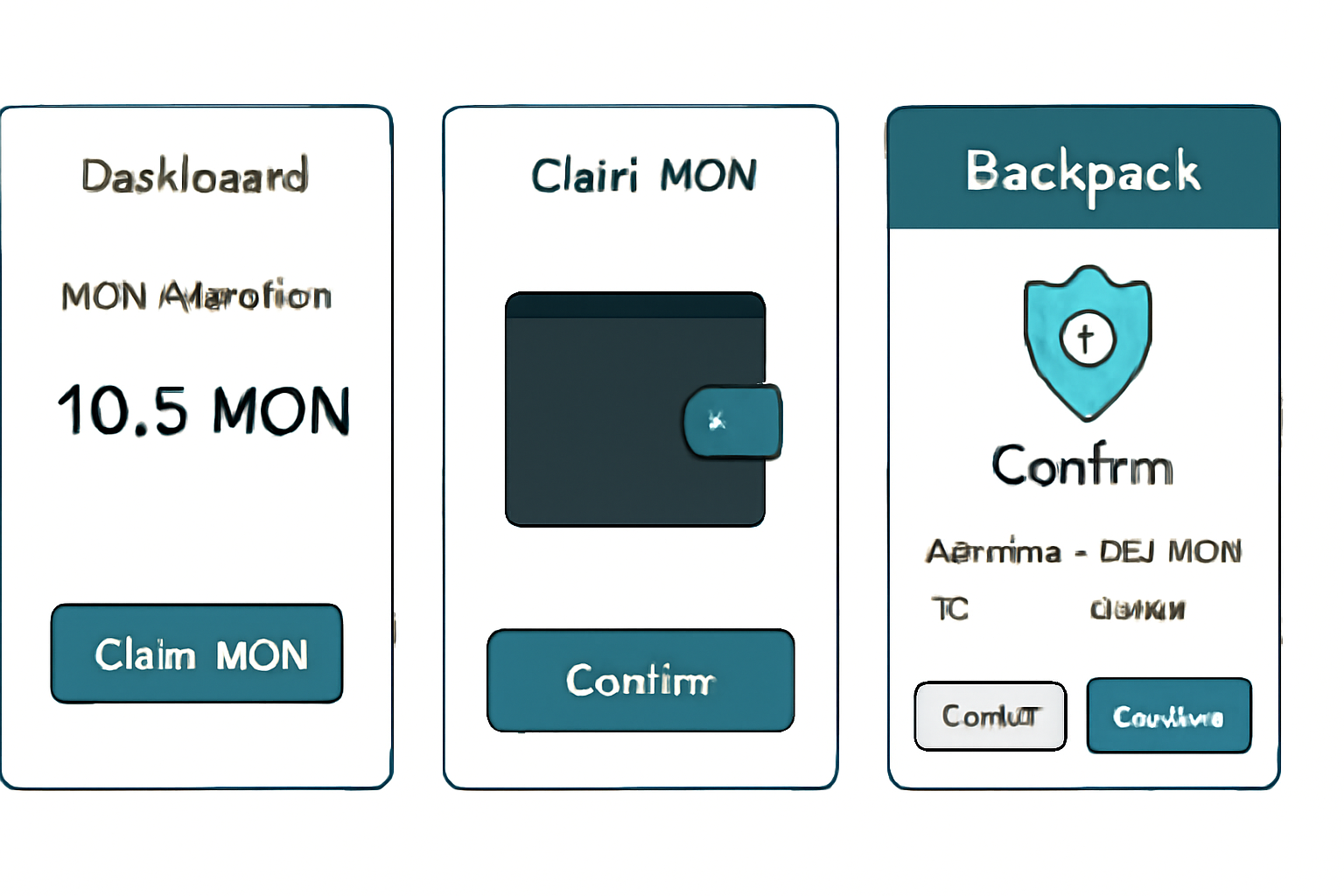 A user dashboard displaying MON allocation, a 'Claim MON' button, and a confirmation screen in the Backpack wallet, with a focus on security and transaction details.