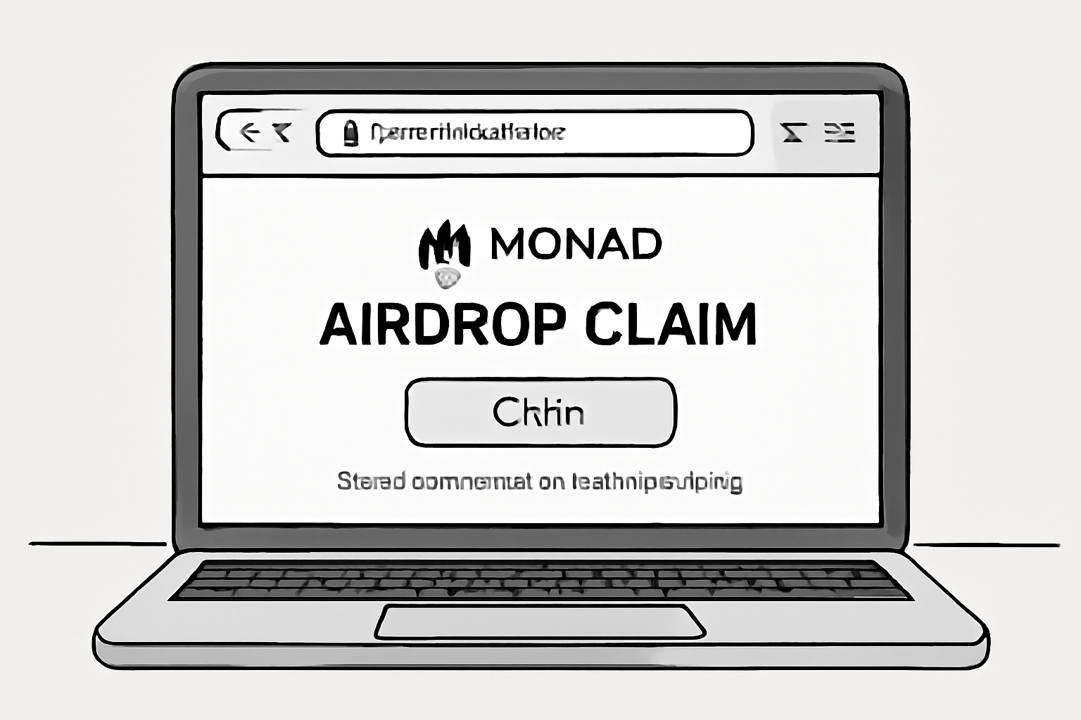 A laptop screen displaying the Monad airdrop claim portal website with a prominent URL bar showing 'claim.monad.xyz', emphasizing security and authenticity.