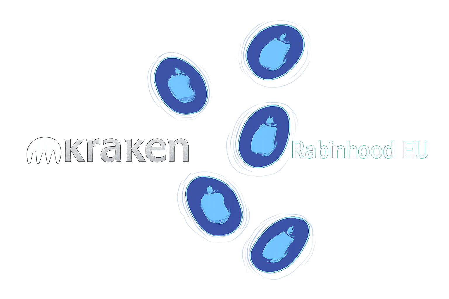 A split screen showing the Kraken and Robinhood EU logos, with digital Apple stock tokens floating between them, futuristic style