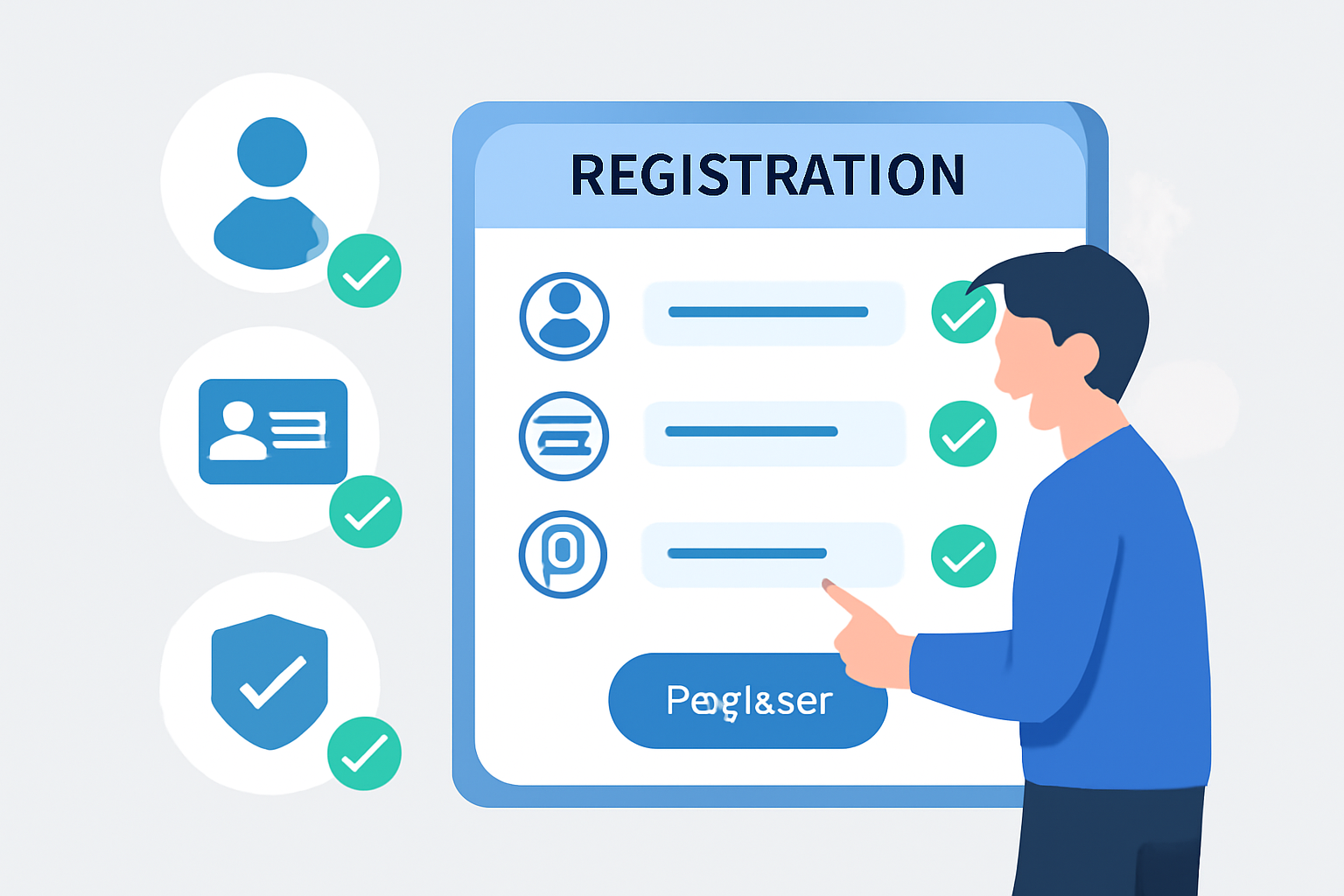 A user filling out an online registration form with ID verification icons and check marks, modern UI style