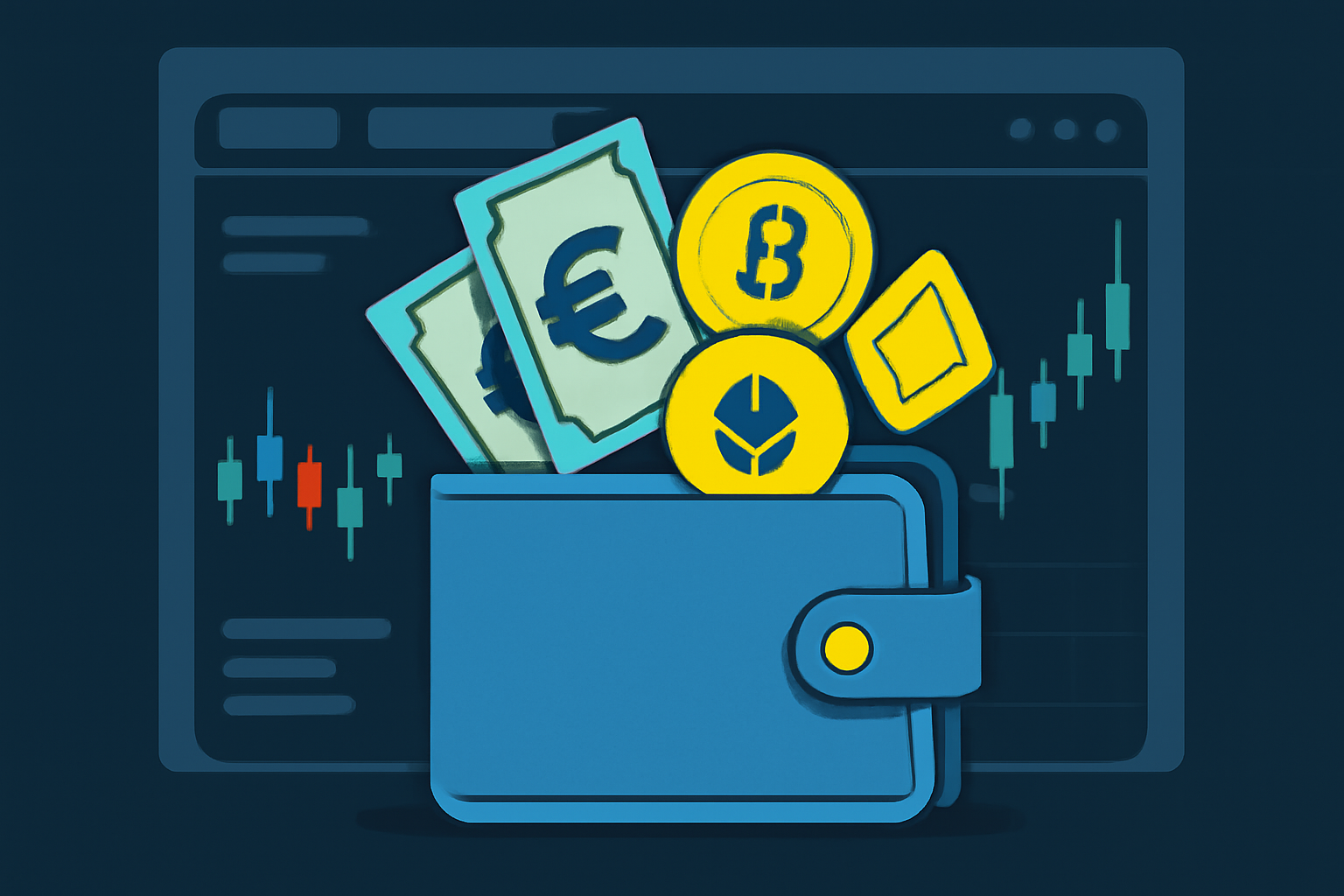 A digital wallet being filled with euros and cryptocurrencies, on a sleek trading dashboard background