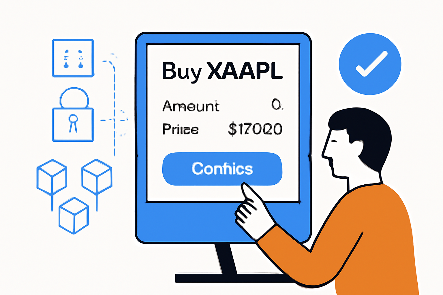 A user confirming a buy order for xAAPL on a digital trading interface, with blockchain transaction visuals