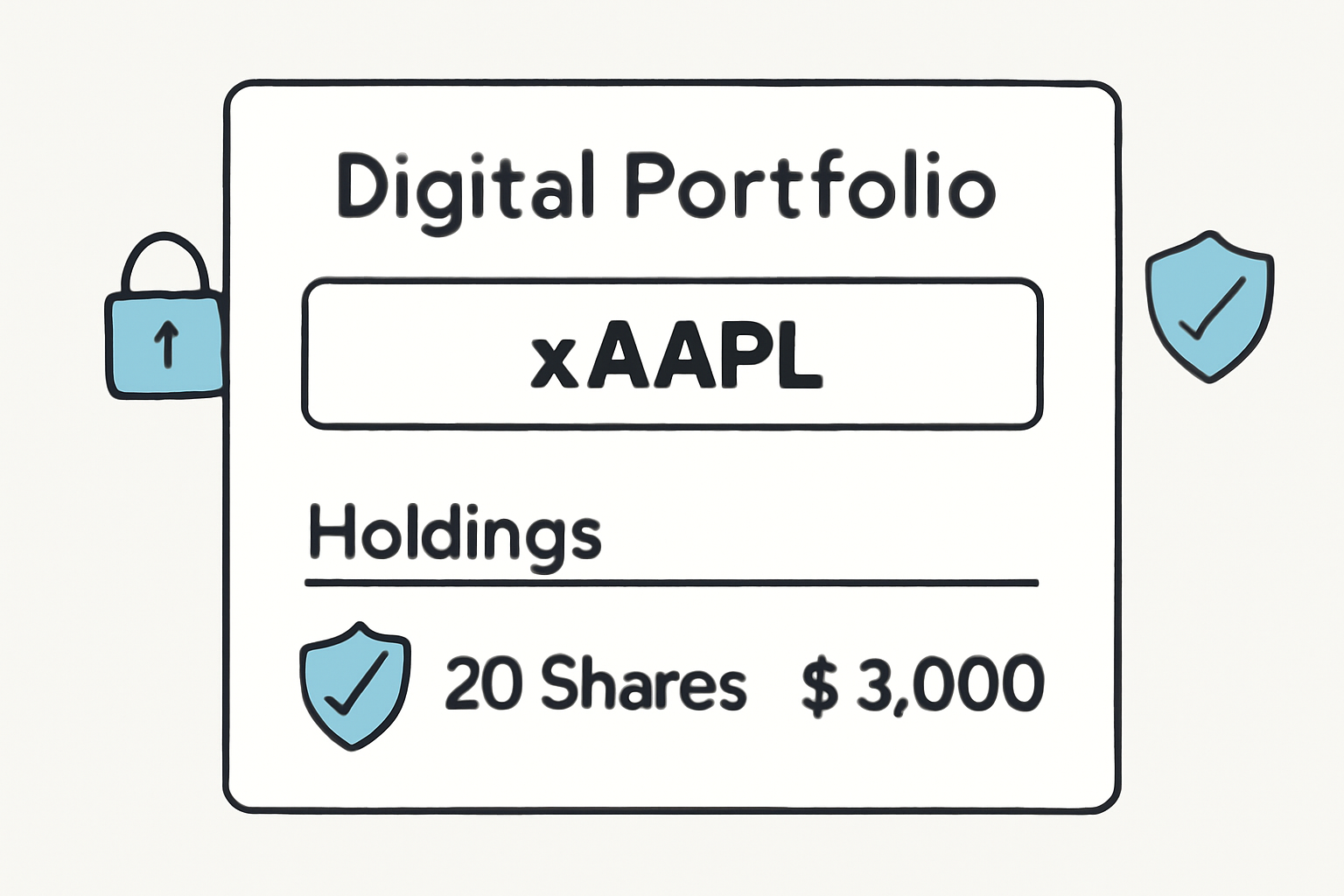 A digital portfolio screen showing xAAPL holdings, with security icons like shields and locks