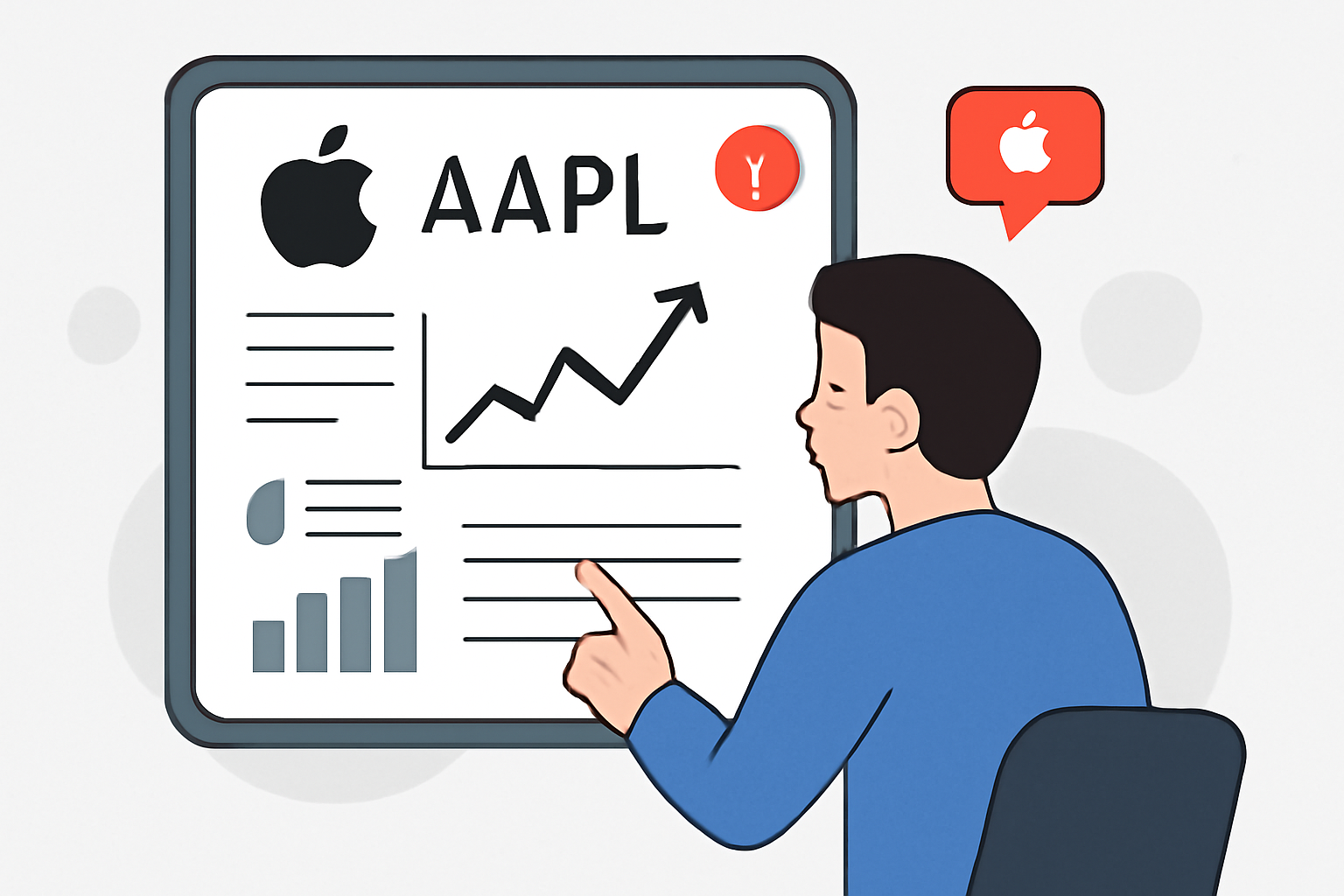 A user checking news and analytics about Apple stock on a futuristic dashboard, with notification icons