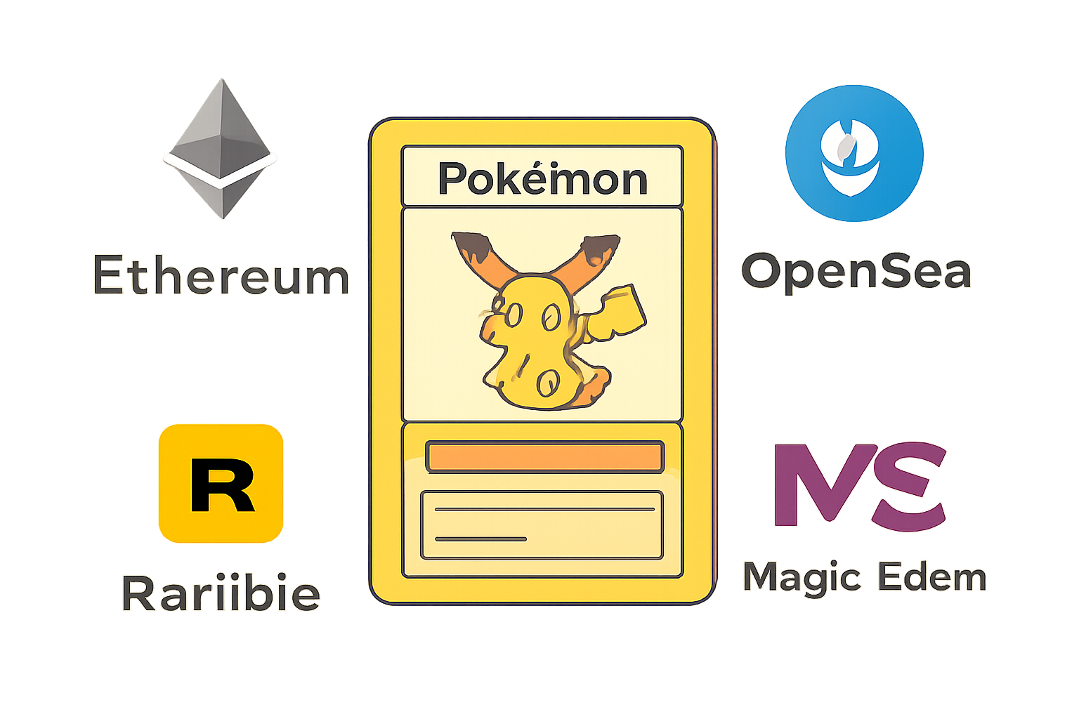 Logos of Ethereum and other NFT platforms with a digital Pokémon card in the center.