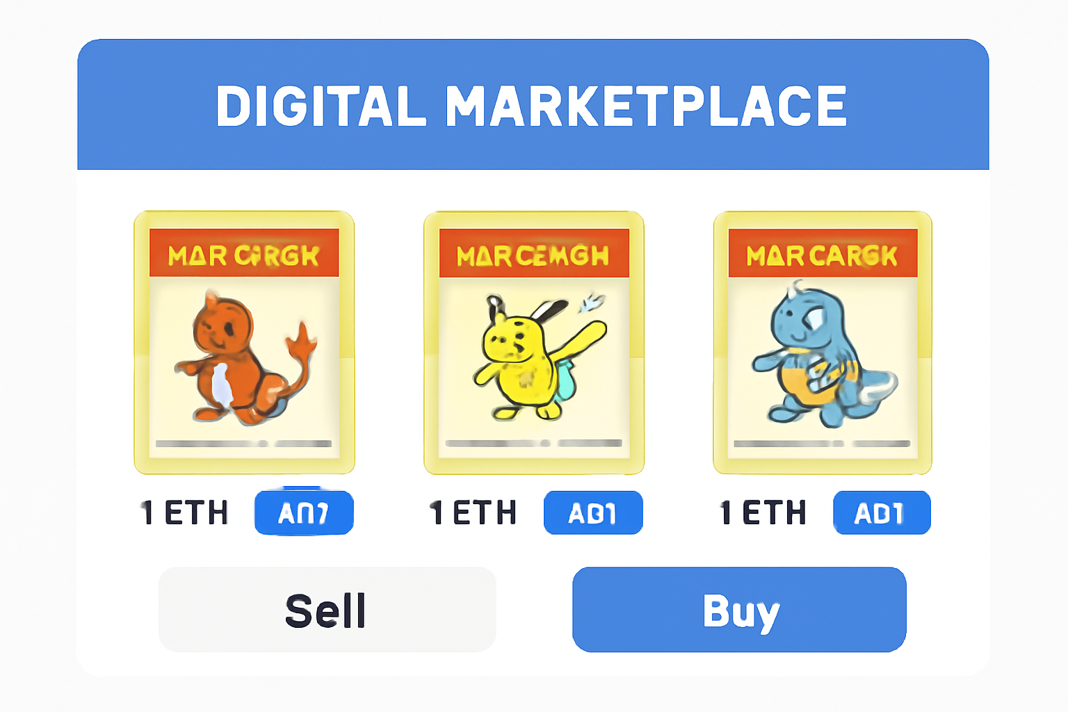 A digital marketplace interface displaying Pokémon card NFTs for sale, with buy and sell buttons.
