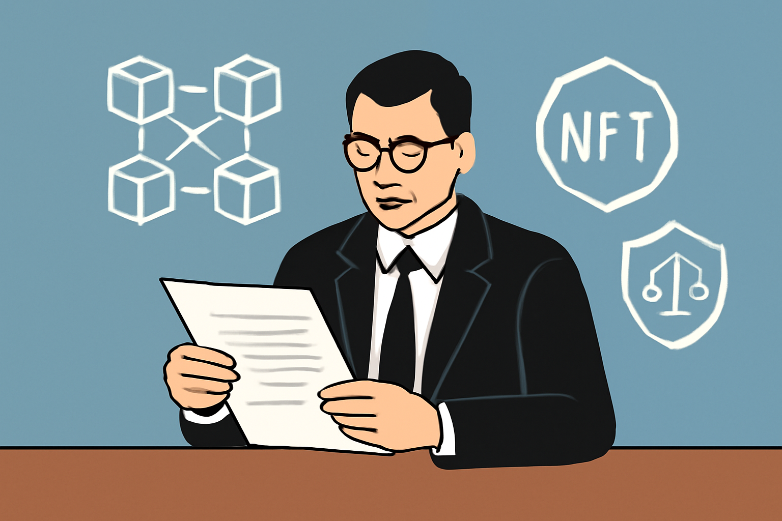 A lawyer reviewing documents with blockchain and NFT symbols in the background.