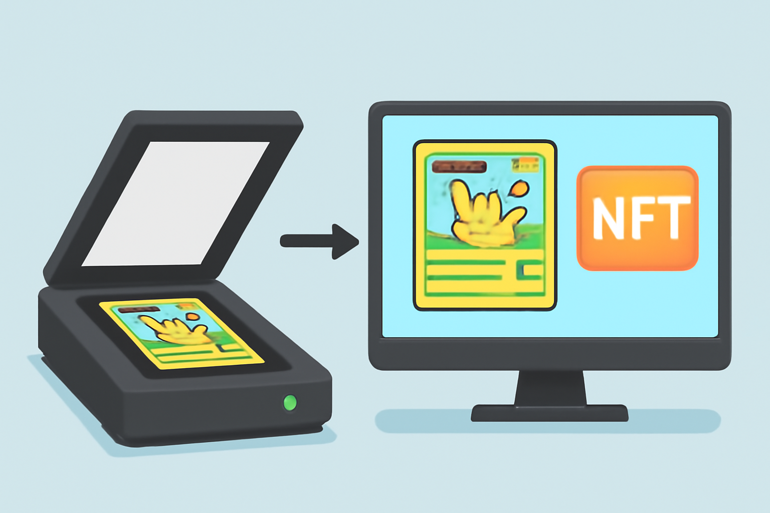 A scanner digitizing a Pokémon card, with the resulting digital image being minted as an NFT on a computer screen.