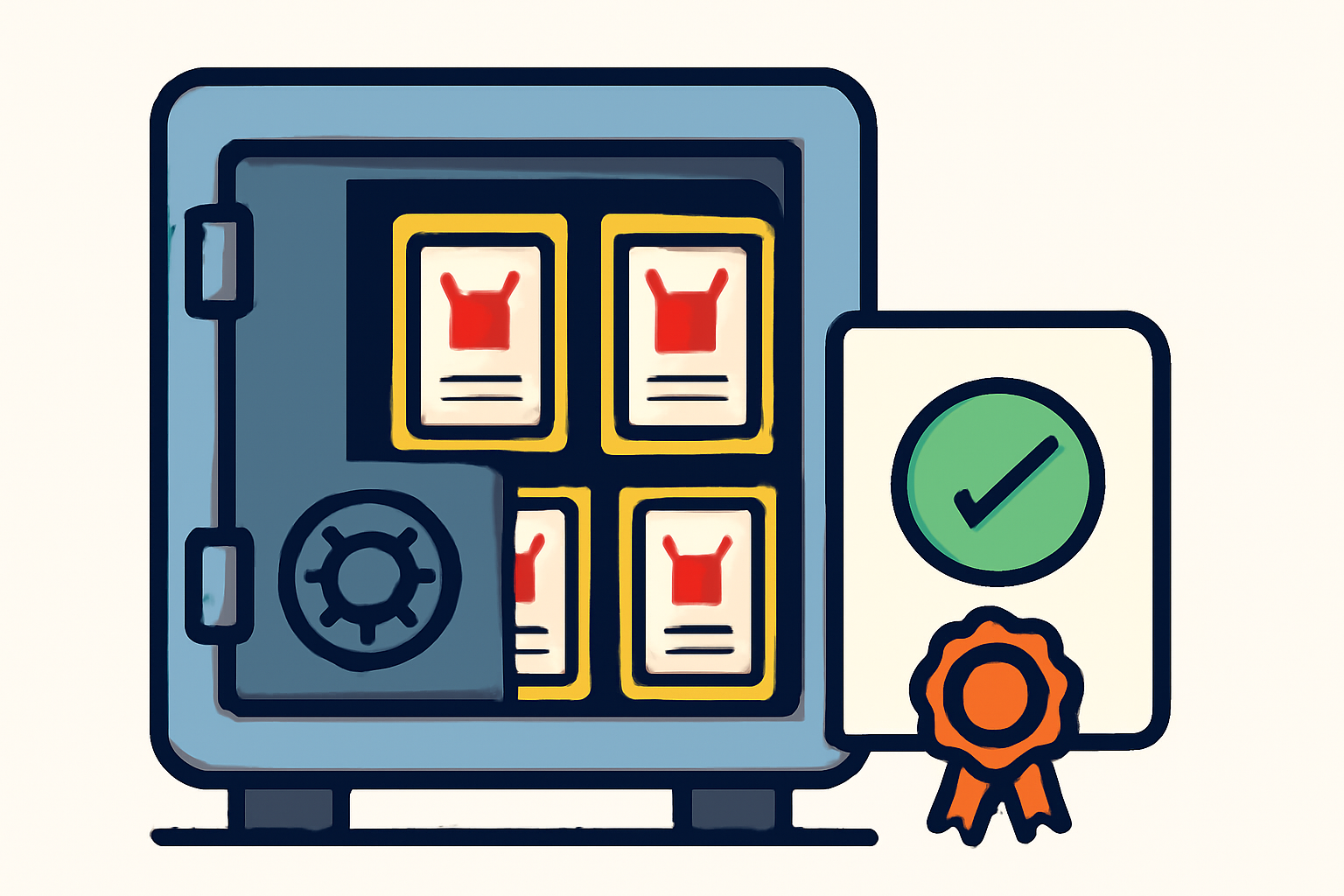 A secure vault with Pokémon cards inside, and a verification badge or certificate displayed.
