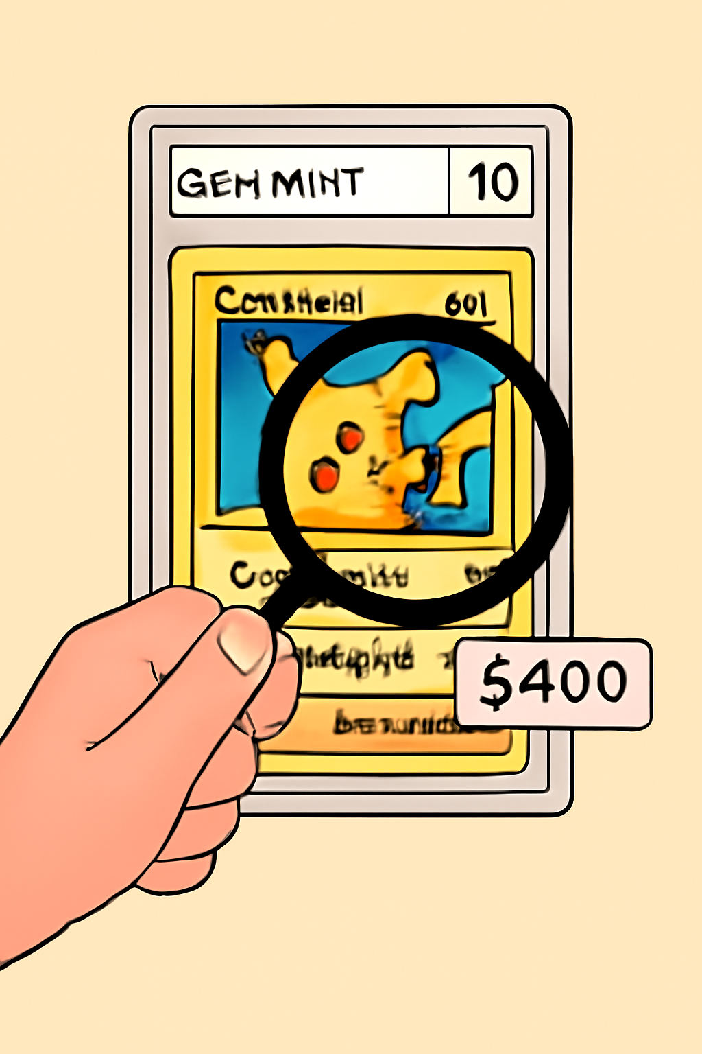 A hand holding a magnifying glass over a rare Pokémon card with grading labels and price tags.