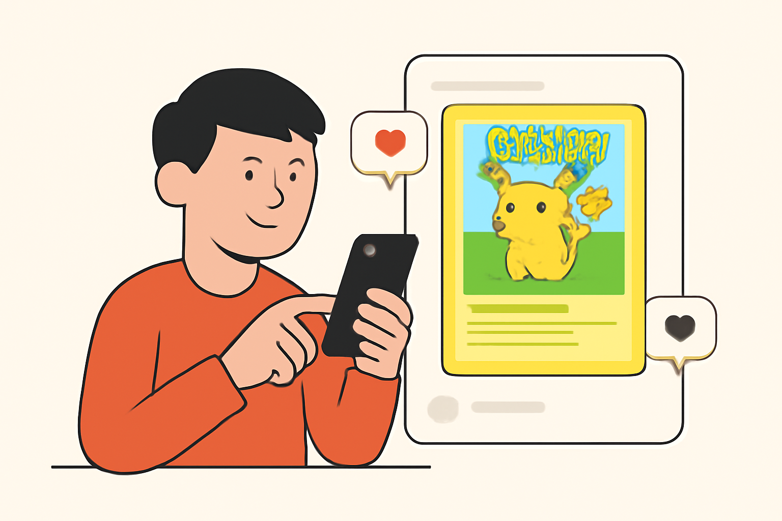 A person sharing Pokémon card NFTs on social media platforms with likes and comments icons.