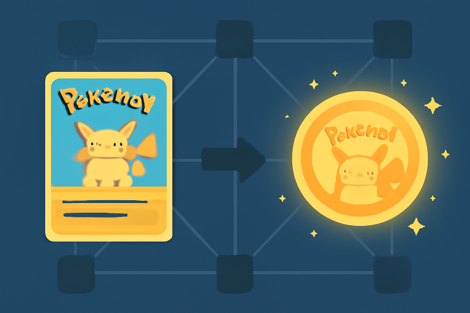 A digital illustration showing a physical Pokémon card transforming into a glowing digital token over a blockchain background.