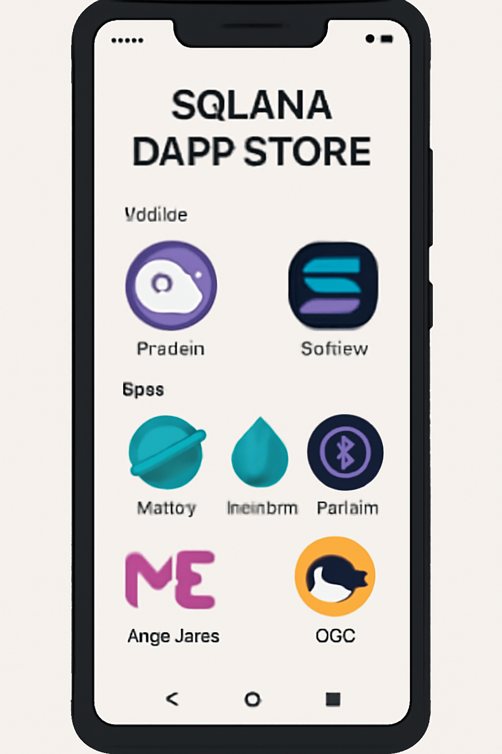 A Solana Saga phone displaying the Solana dApp Store homepage, with app icons for wallets and DeFi apps.