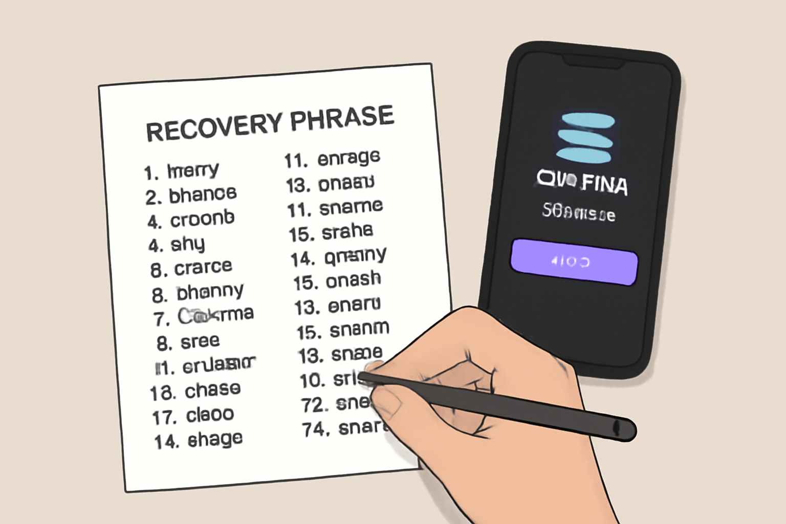 A hand writing a 24-word recovery phrase on paper, with a Solana wallet app open on the phone in the background.