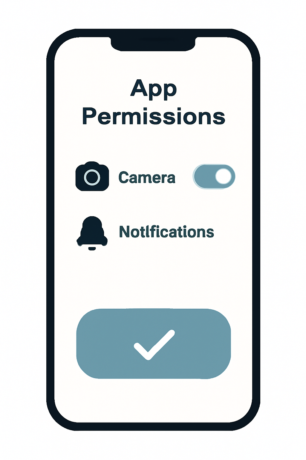 A phone screen displaying app permission requests, with toggles for camera and notifications, and a checkmark for approval.