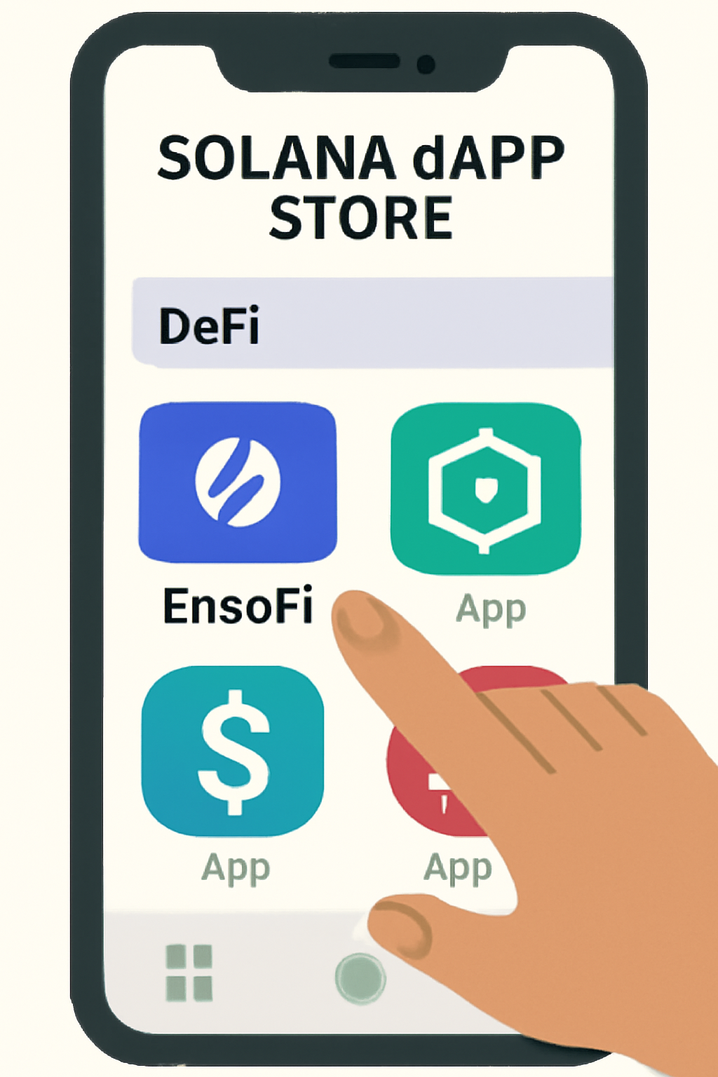 A Solana dApp Store screen highlighting DeFi apps, with icons for EnsoFi and other platforms, and a user tapping to open one.
