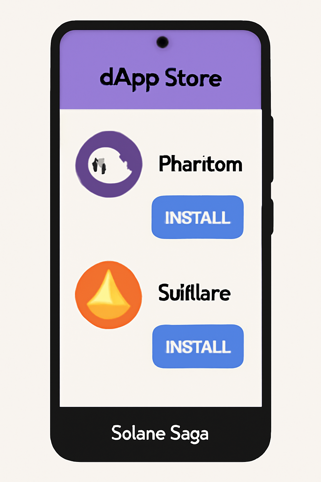 A Solana Saga phone showing the Phantom and Solflare wallet apps in the dApp Store, with install buttons visible.