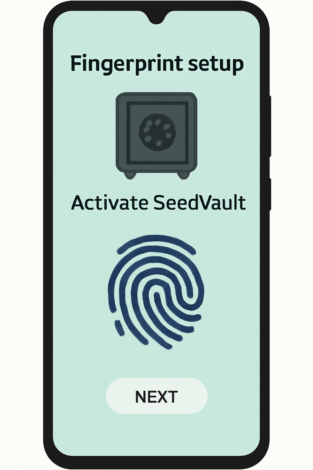 A phone screen showing fingerprint setup and Seed Vault activation, with a vault icon and biometric fingerprint graphic.