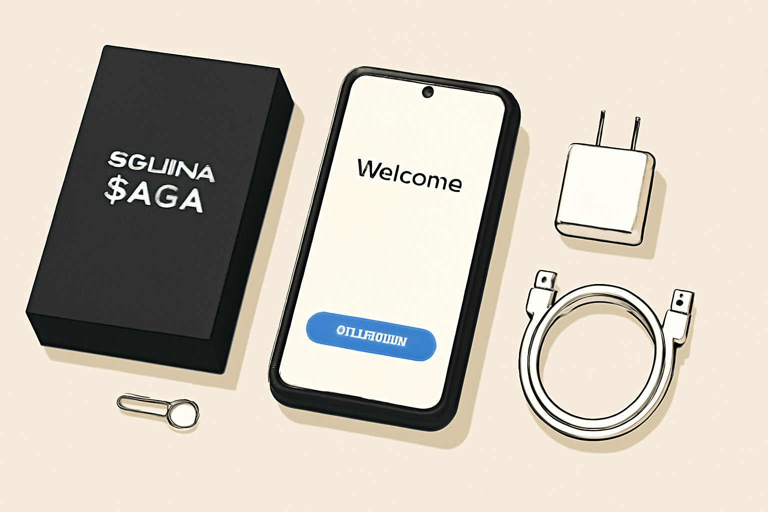 A new Solana Saga phone being unboxed on a clean table, with accessories neatly arranged, and the phone screen showing a welcome setup page.